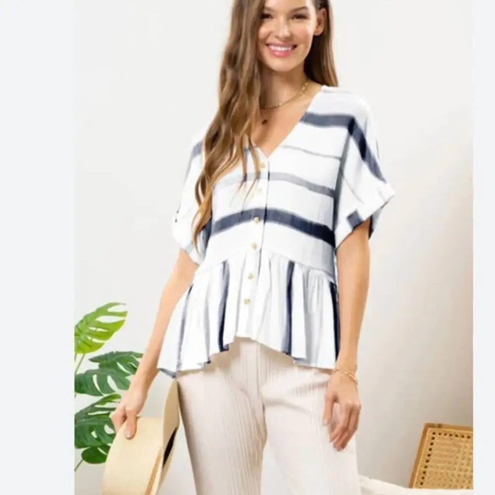 Blu Pepper Striped Peplum Blouse‎ Navy White Button Up Baby Doll Small - Picture 13 of 13